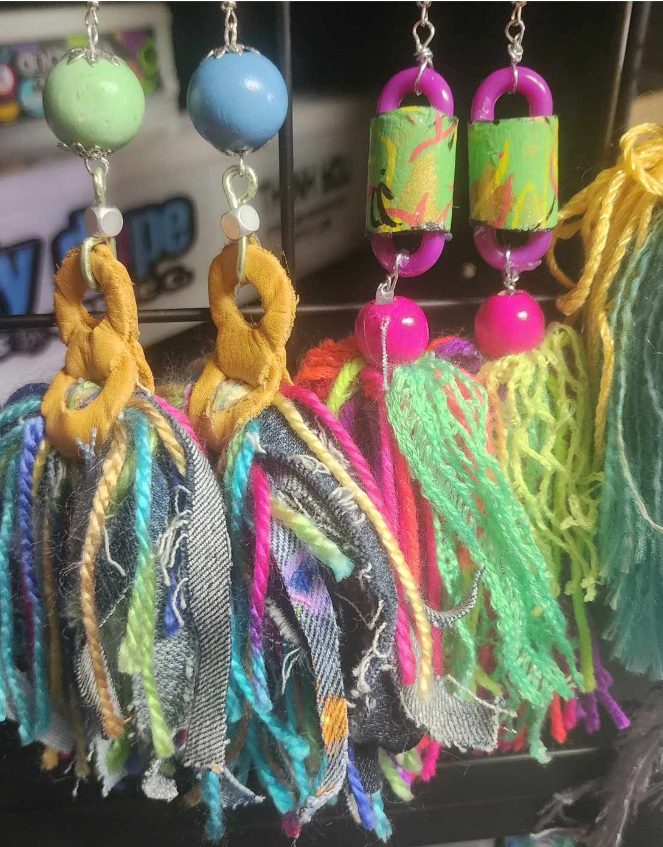 Colorful Handmade Yarn and Denim Earrings