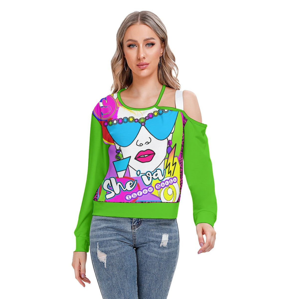 She'va Women's A-I Graphic One-shoulder Cut O-neck Sweatshirt (Rozz/gre)