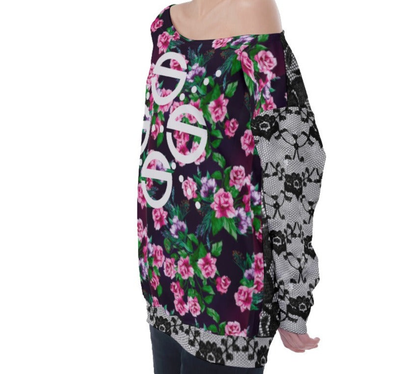 Women's Oversized Lace & Florals Off-Shoulder Sweatshirt