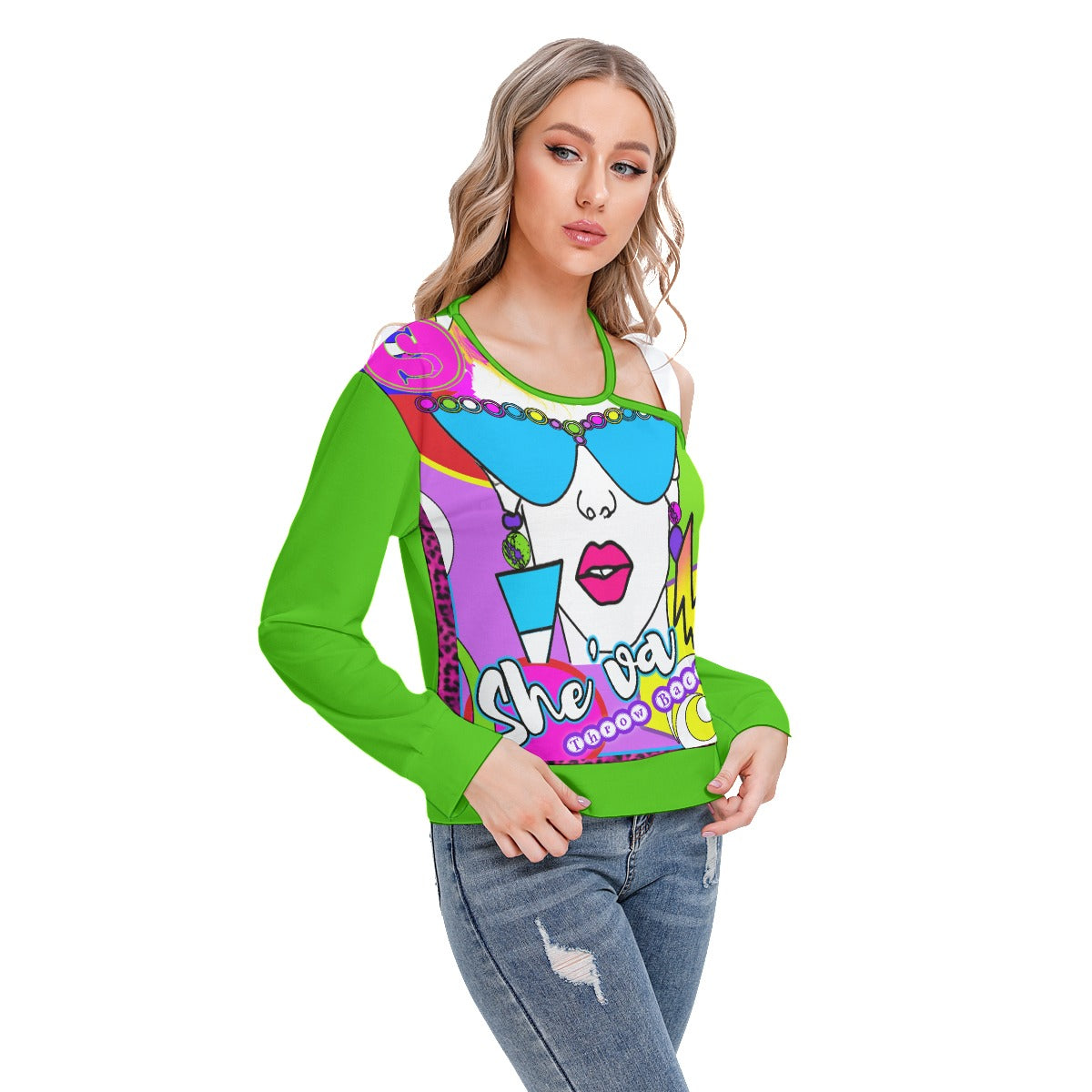 She'va Women's A-I Graphic One-shoulder Cut O-neck Sweatshirt (Rozz/gre)
