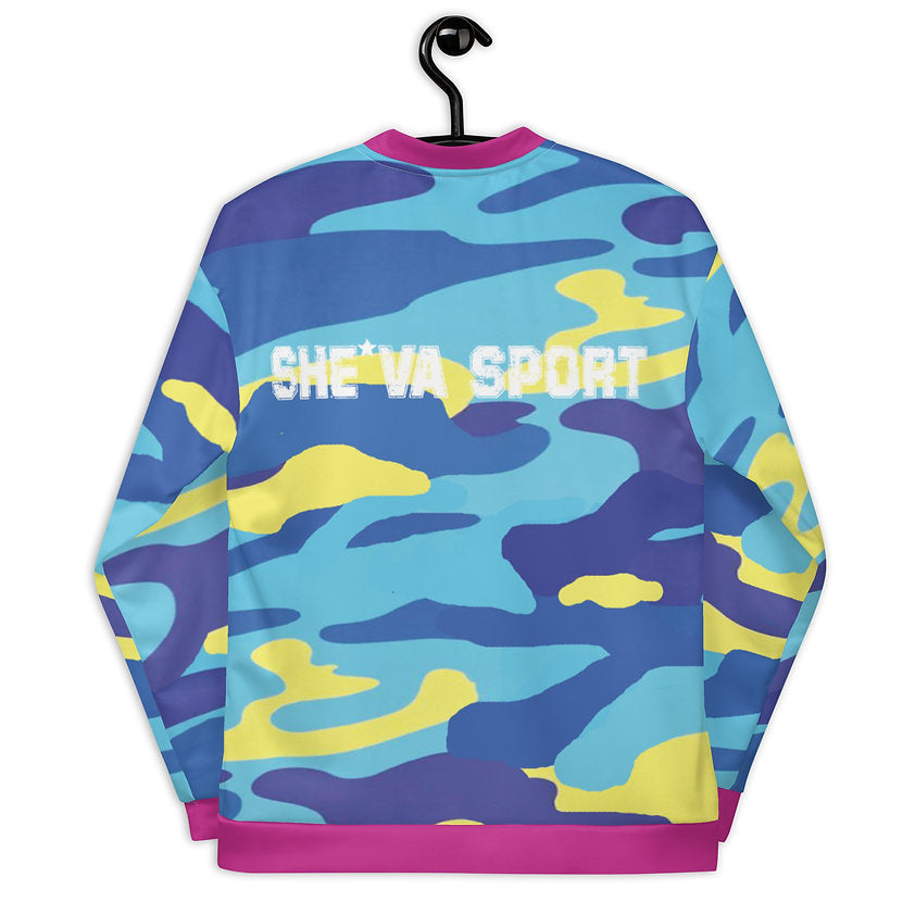 Army Patched Unisex Camo Bomber *Sky Blue/Red Violet*