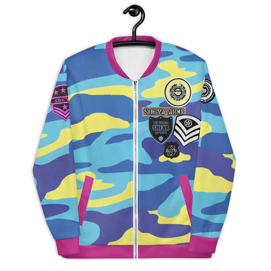 Army Patched Unisex Camo Bomber *Sky Blue/Red Violet*