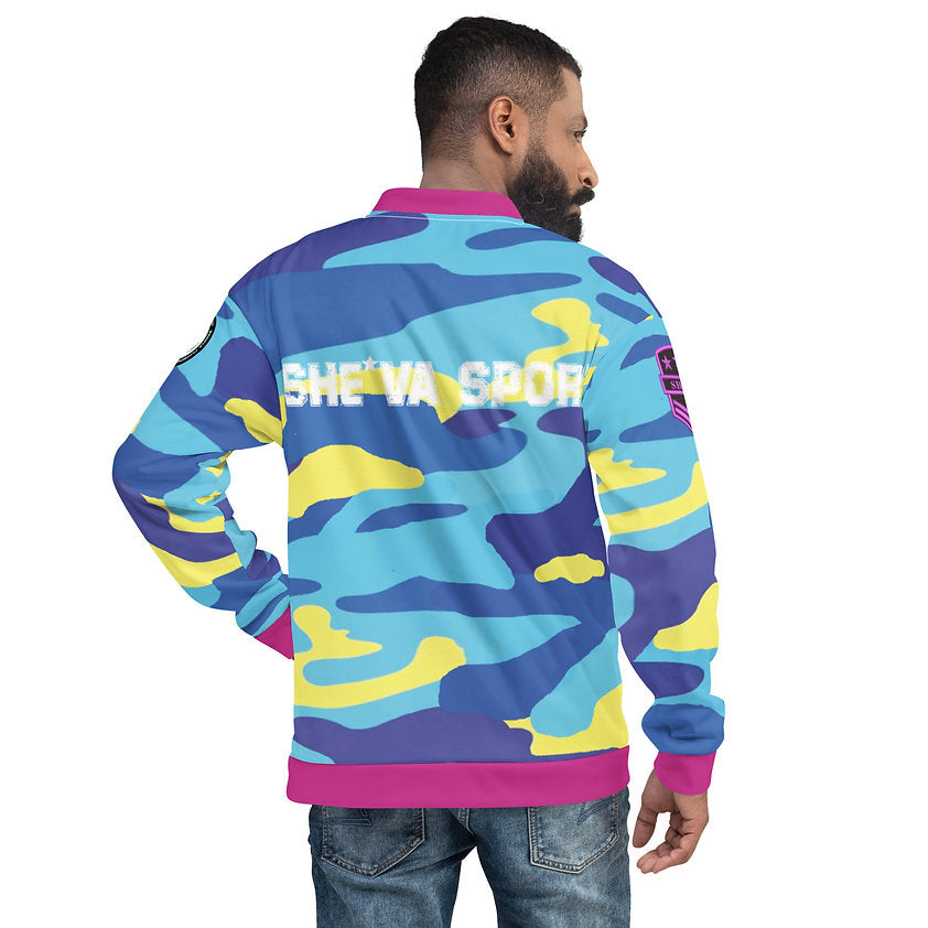 Army Patched Unisex Camo Bomber *Sky Blue/Red Violet*