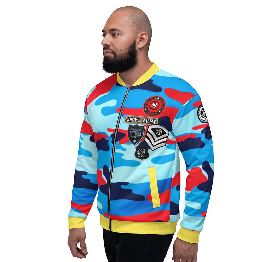 Army Patched Unisex Camo Bomber *Sky Blue/P. Daisy Yellow*