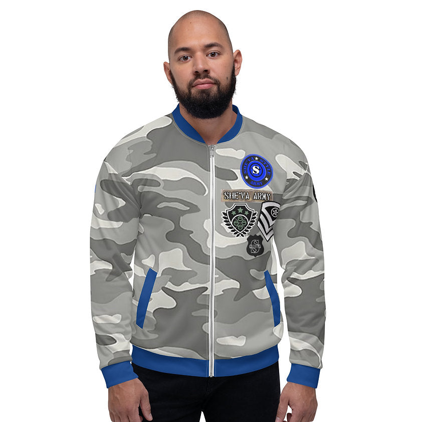 Army Patched Unisex Camo Bomber *Grey/Royal Blue*