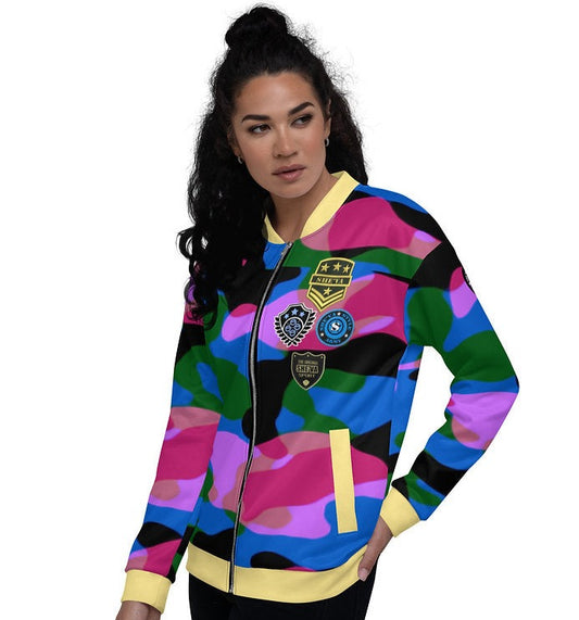 Army Patched Unisex Camo Bomber *Banana/Misty Blue*