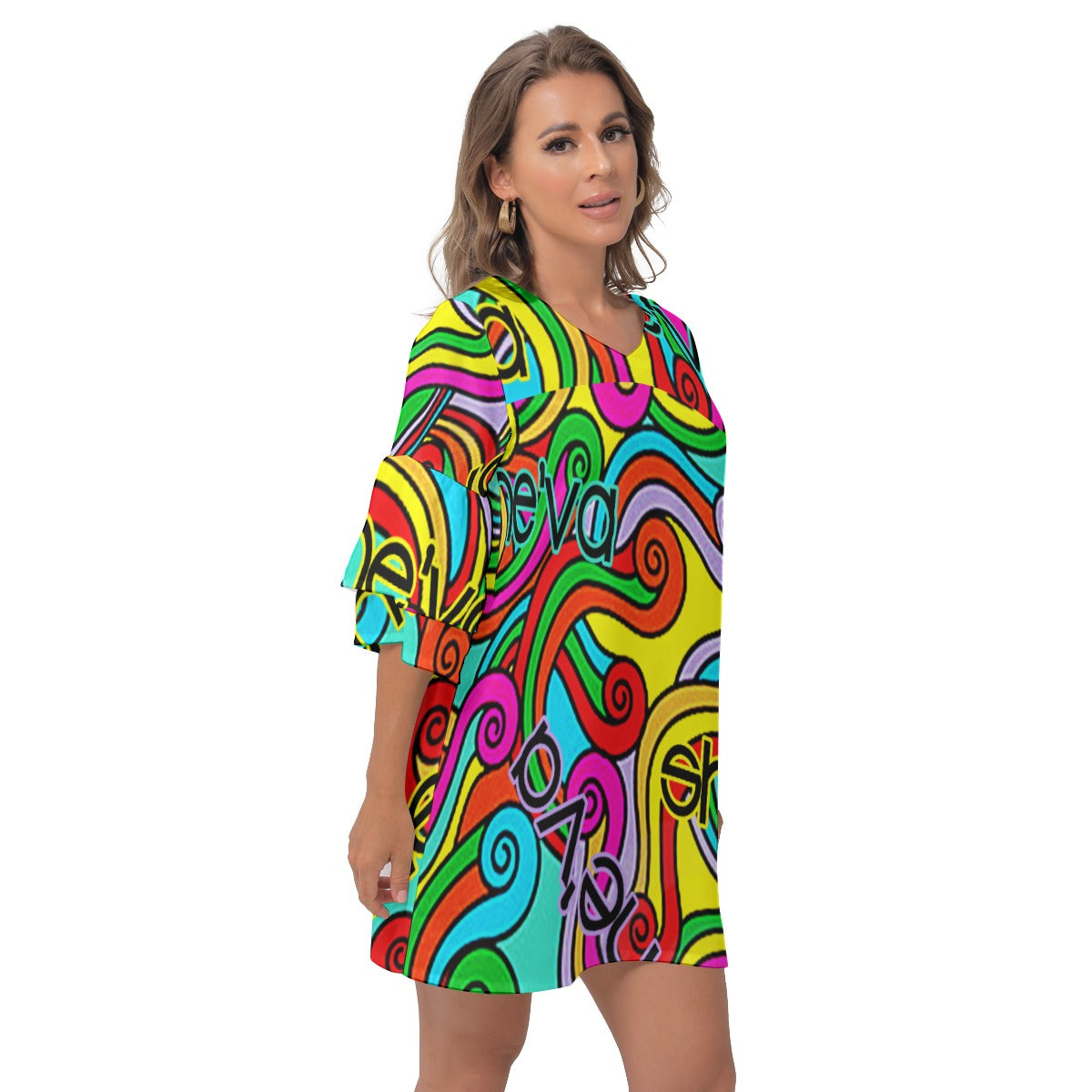She'va Her Loose V-Neck Bell Sleeve Dresss