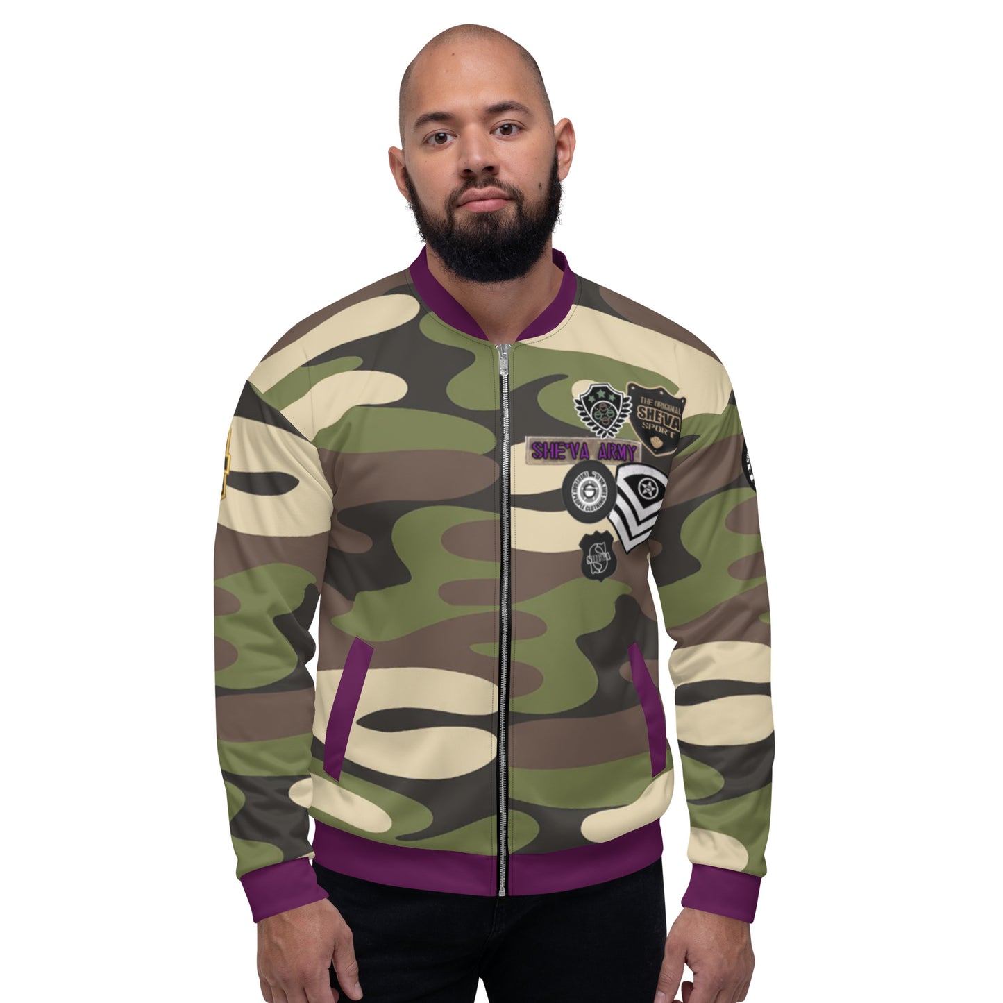 Army Patched Unisex Camo Bomber  *Brown/Cranberry*