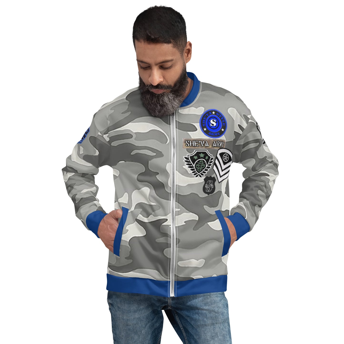 Army Patched Unisex Camo Bomber *Grey/Royal Blue*