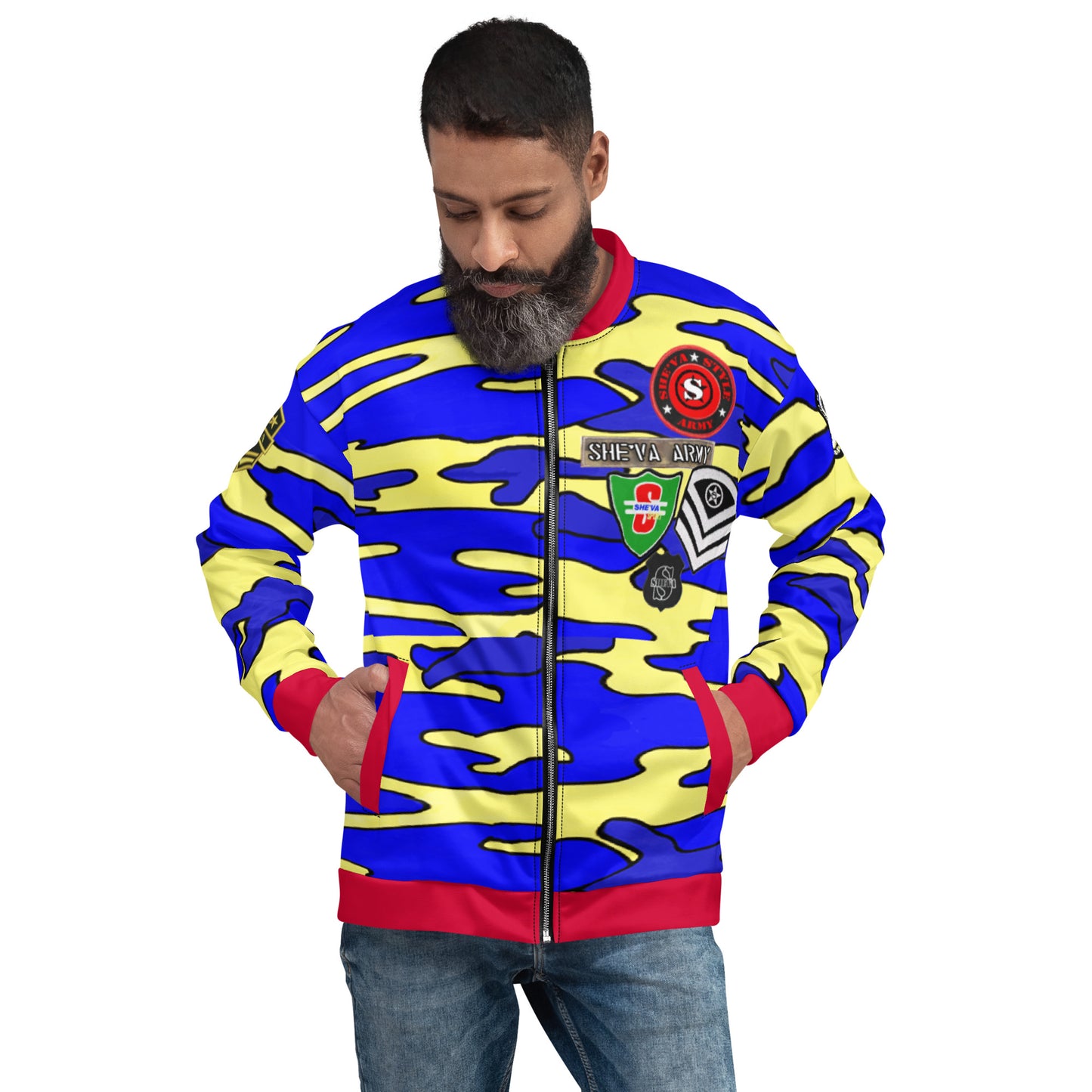 Army Patched Unisex Camo Bomber *Royal Blue/Red*