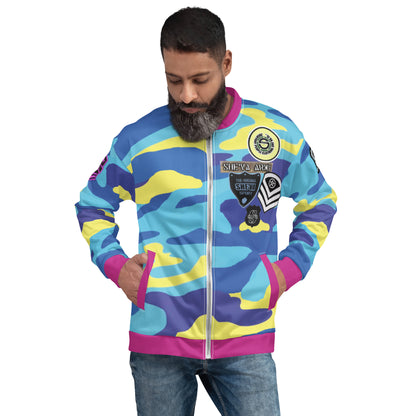 Army Patched Unisex Camo Bomber *Sky Blue/Red Violet*