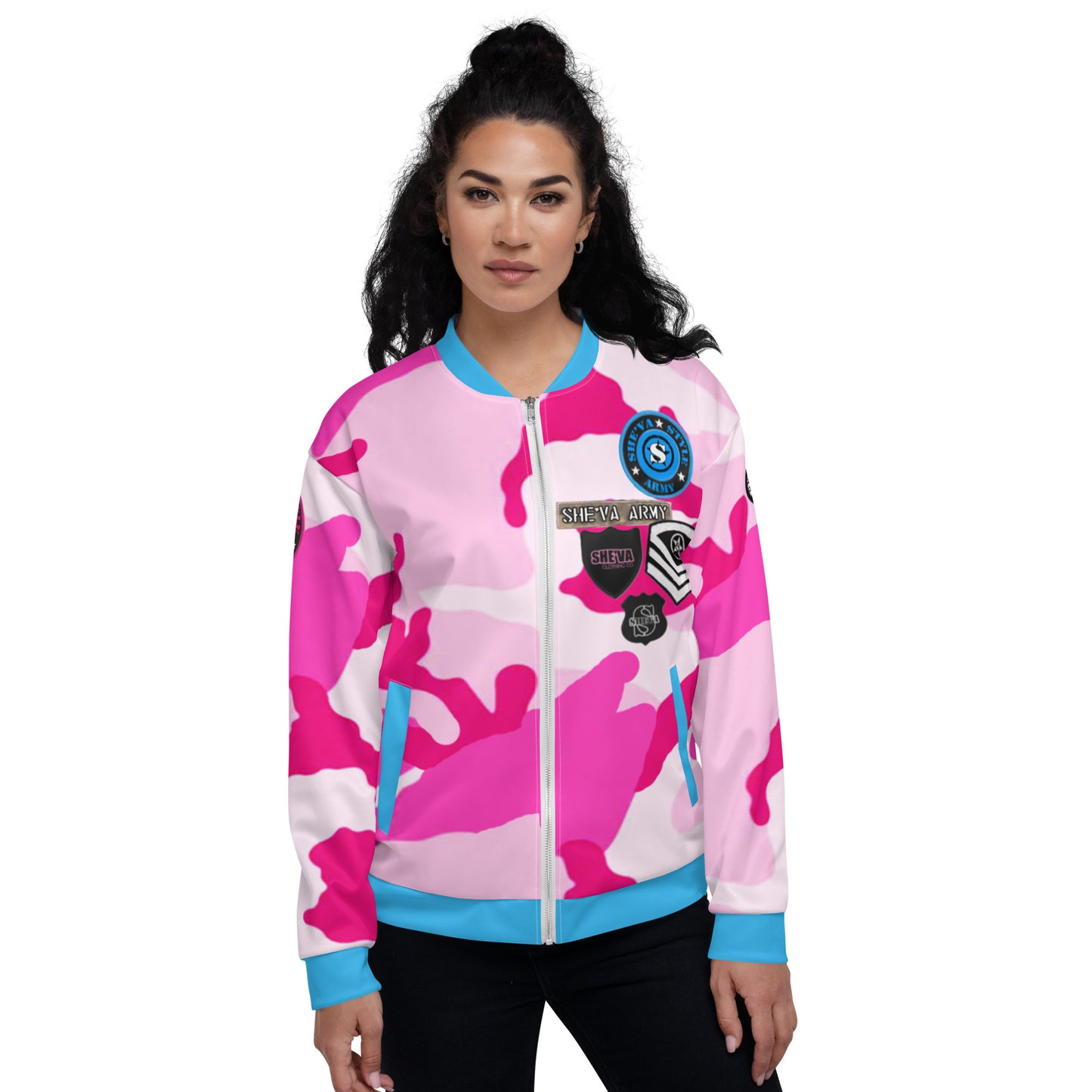 Army Patched Unisex Camo Bomber *Light Pink/Deep Sky Blue*
