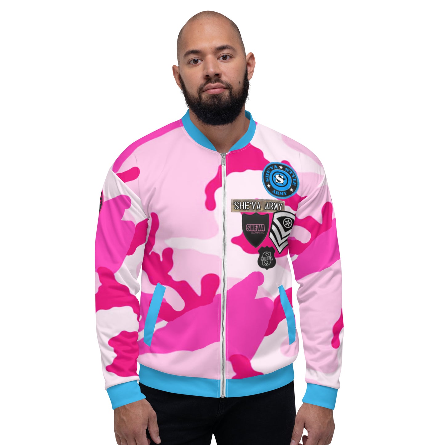Army Patched Unisex Camo Bomber *Light Pink/Deep Sky Blue*