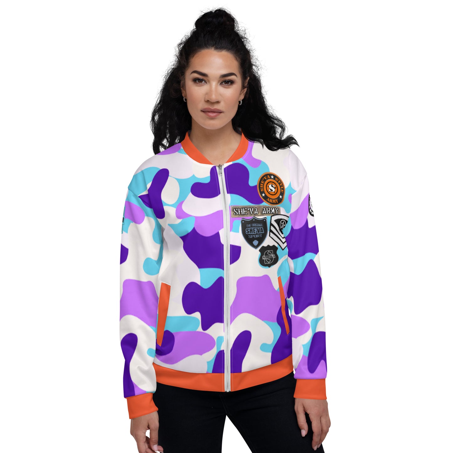 Army Patched Unisex Camo Bomber *Purple/Orange*