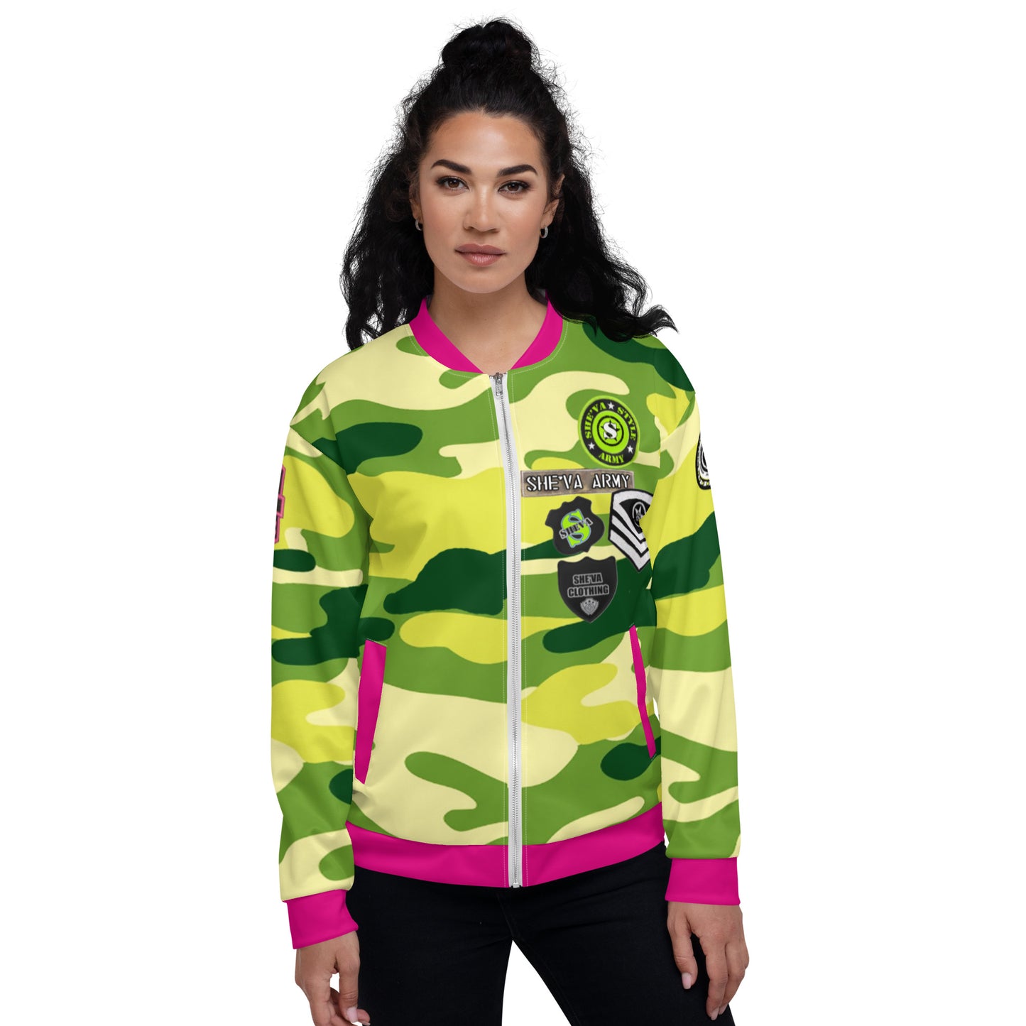 Army Patched Unisex Camo Bomber *Olive/Fuchsia *