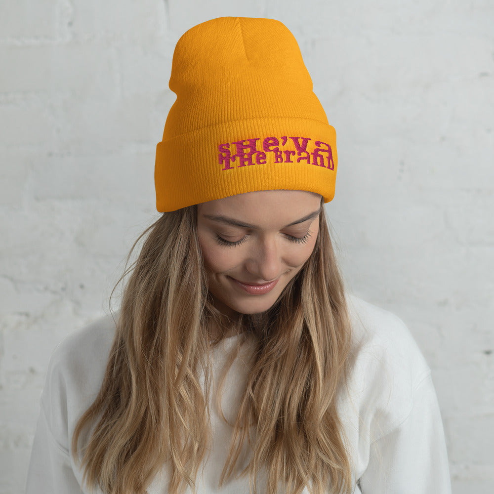 She'va Embroidered Long Stamped logo Cuffed Beanie (pink)