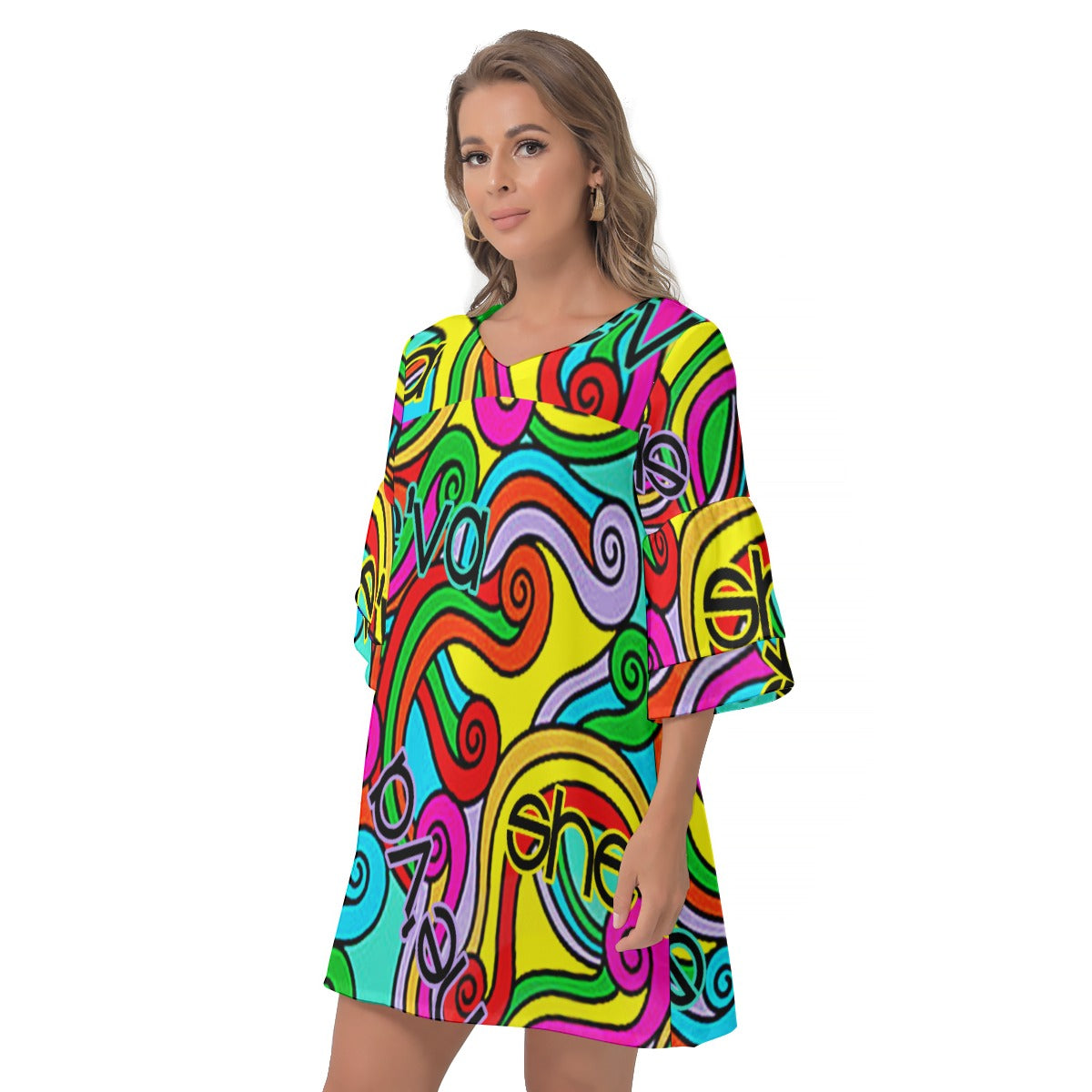 She'va Her Loose V-Neck Bell Sleeve Dresss